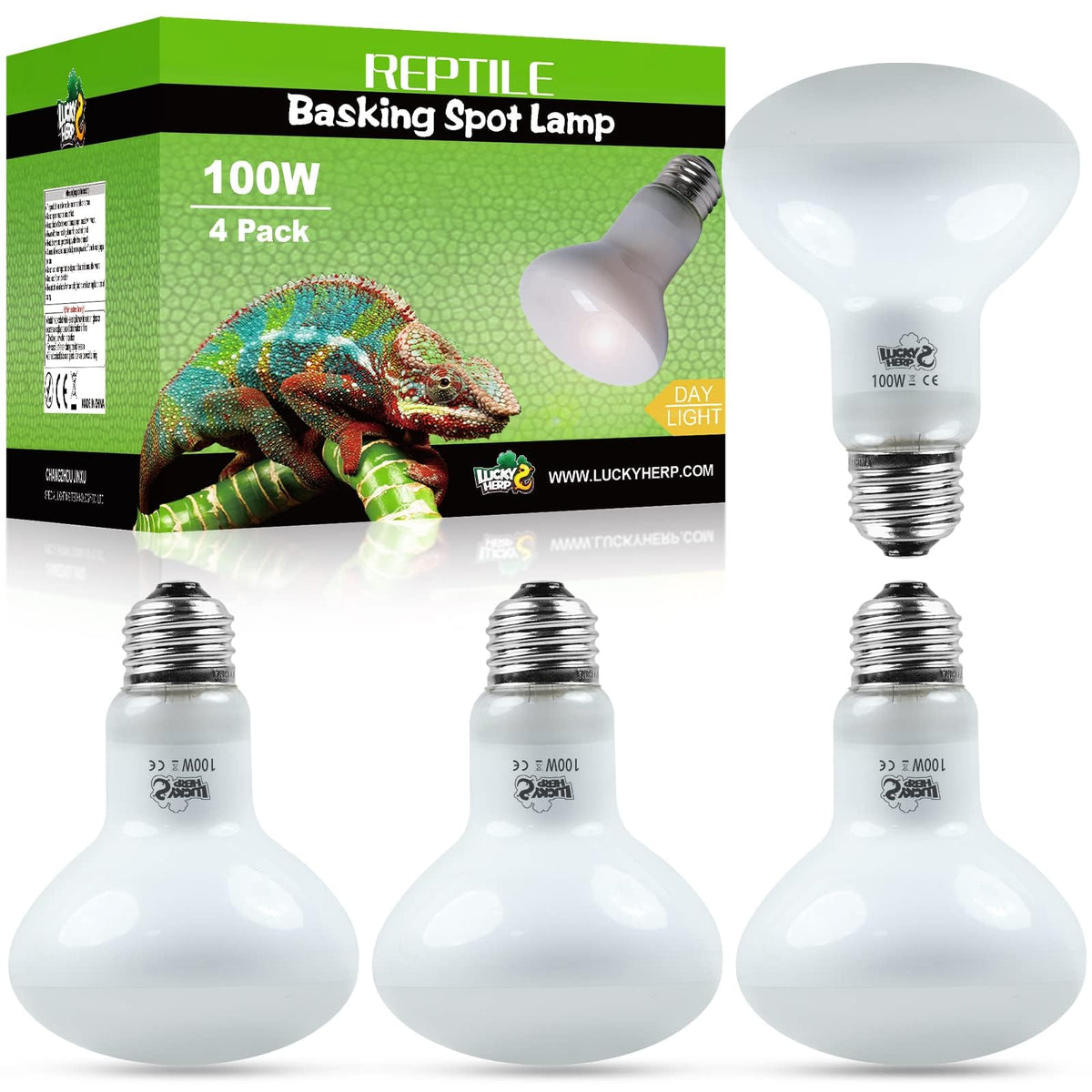 LUCKY HERP 4-pack 100W heat lamp bulbs provide reliable reptile basking heat.