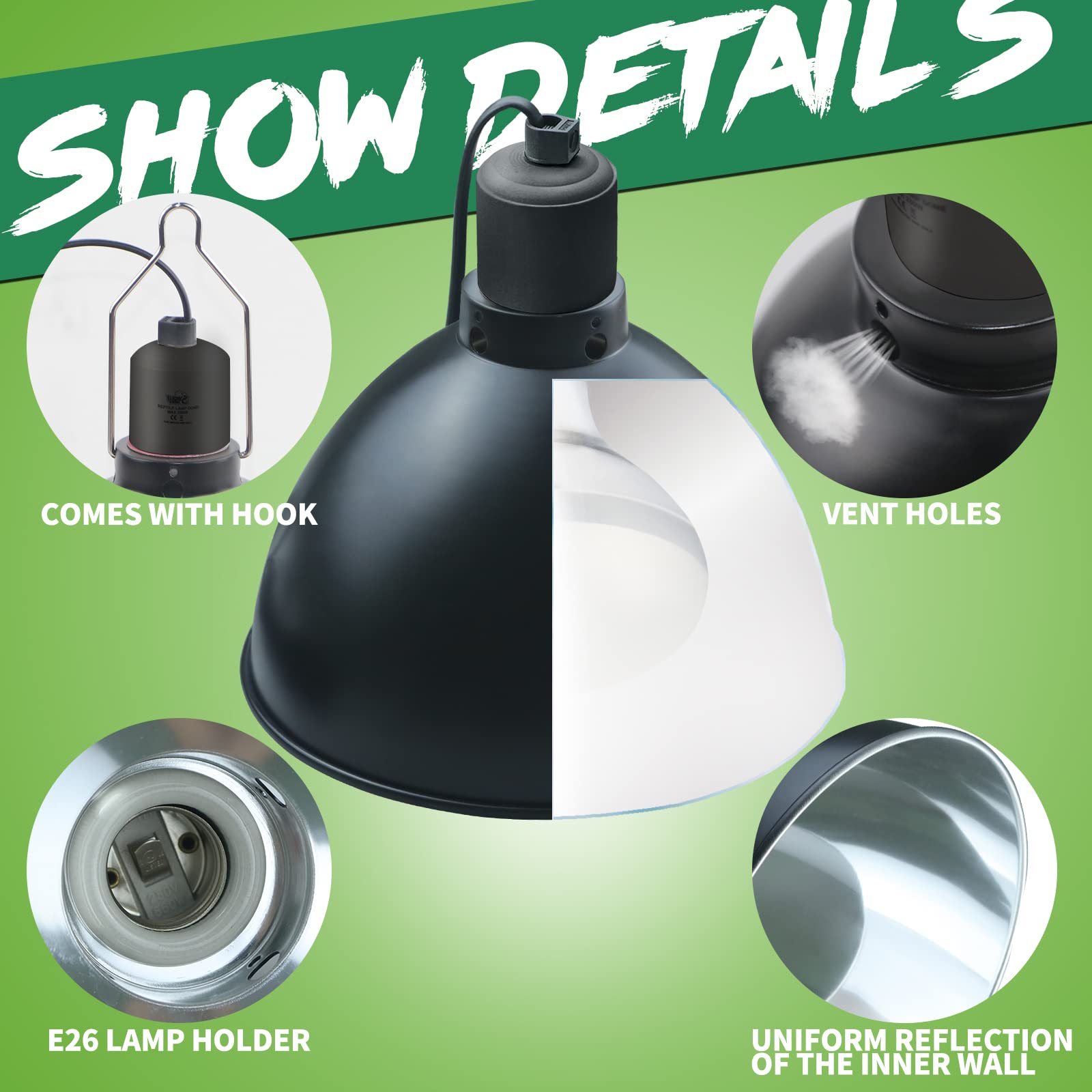 Lucky Herp aluminum-dome supports UVB, basking, and heat bulbs
