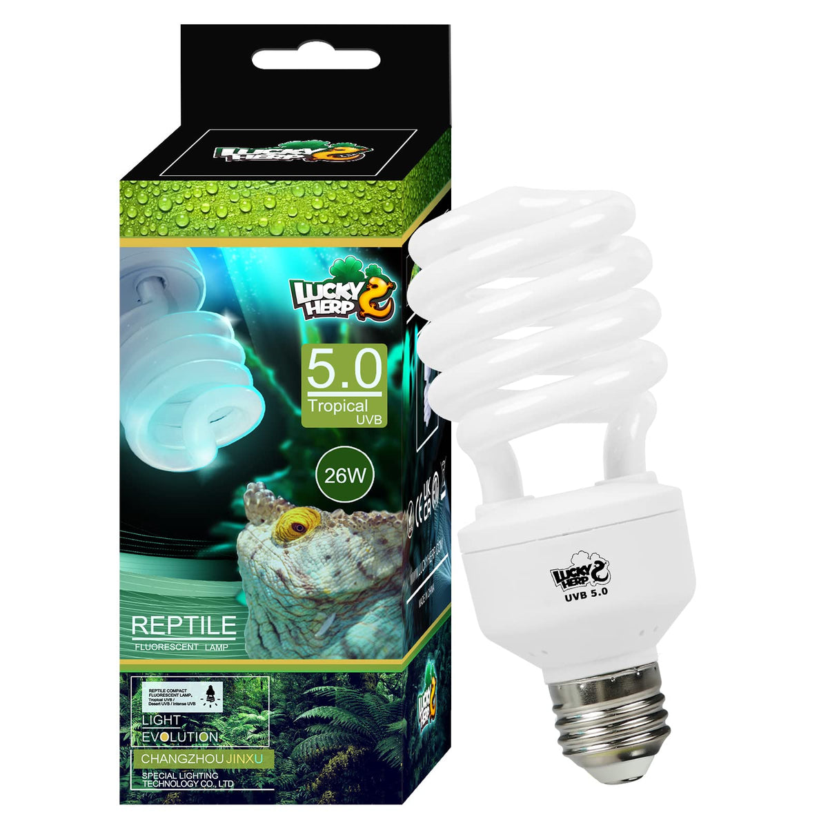 LUCKY HERP reptile UVA UVB light closeup showing 5.0 UVB for tropical terrariums.
