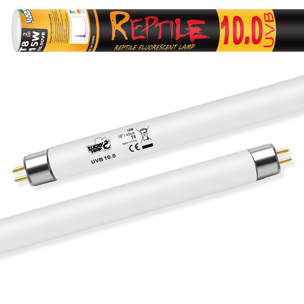 Lucky Herp T8 15W UVB lamp closeup highlighting bright UVB output for desert reptiles.
