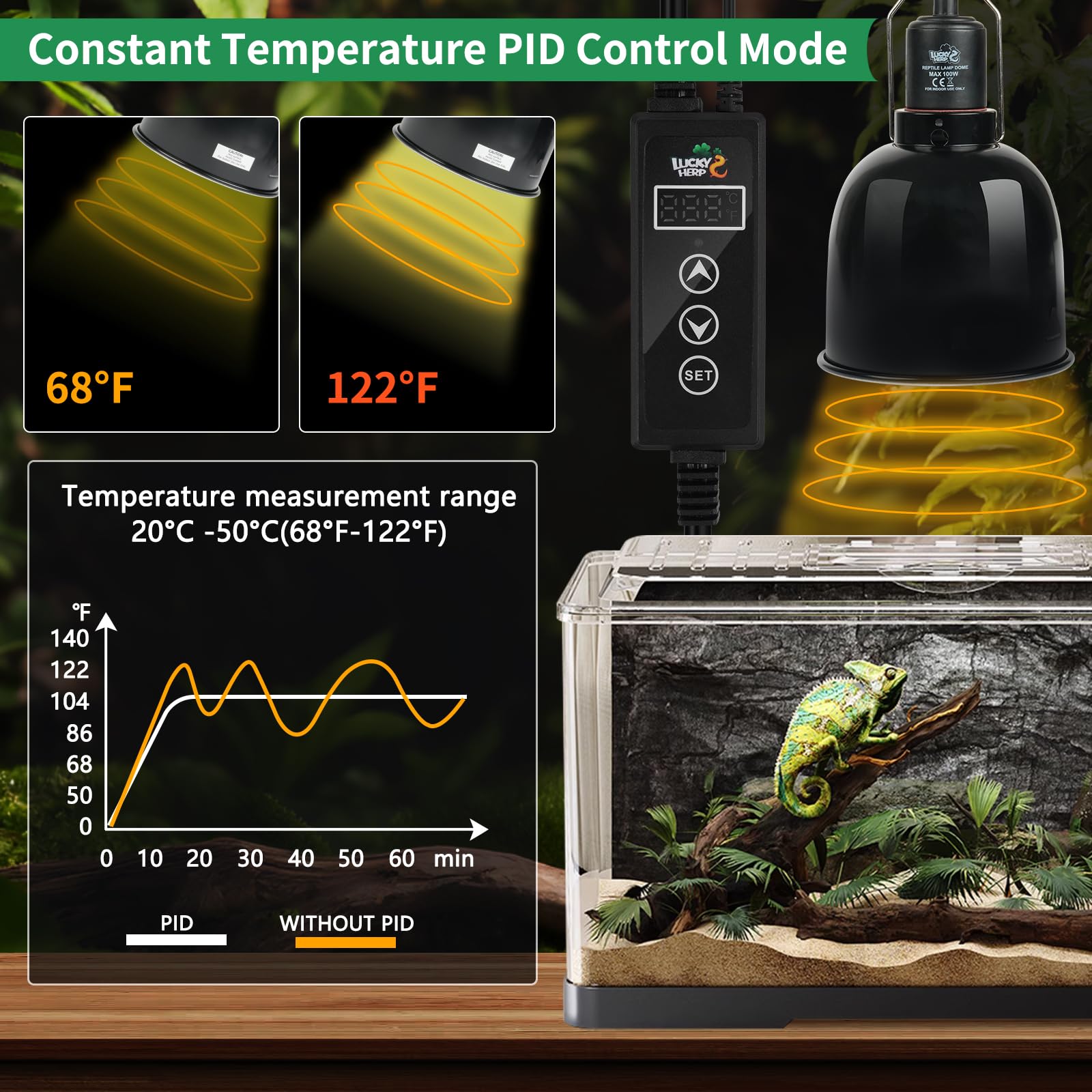 LUCKY HERP thermostat in use with a reptile heat lamp