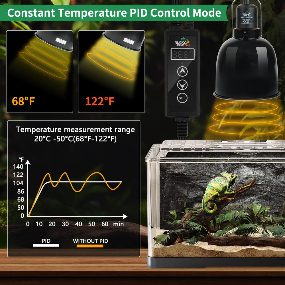 LUCKY HERP thermostat in use with a reptile heat lamp