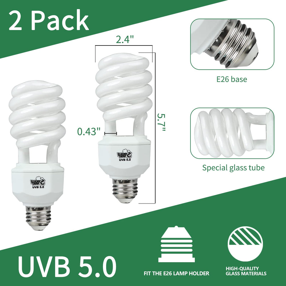 LUCKY HERP UVB bulb illustrating 5% UVB and 30% UVA output benefits