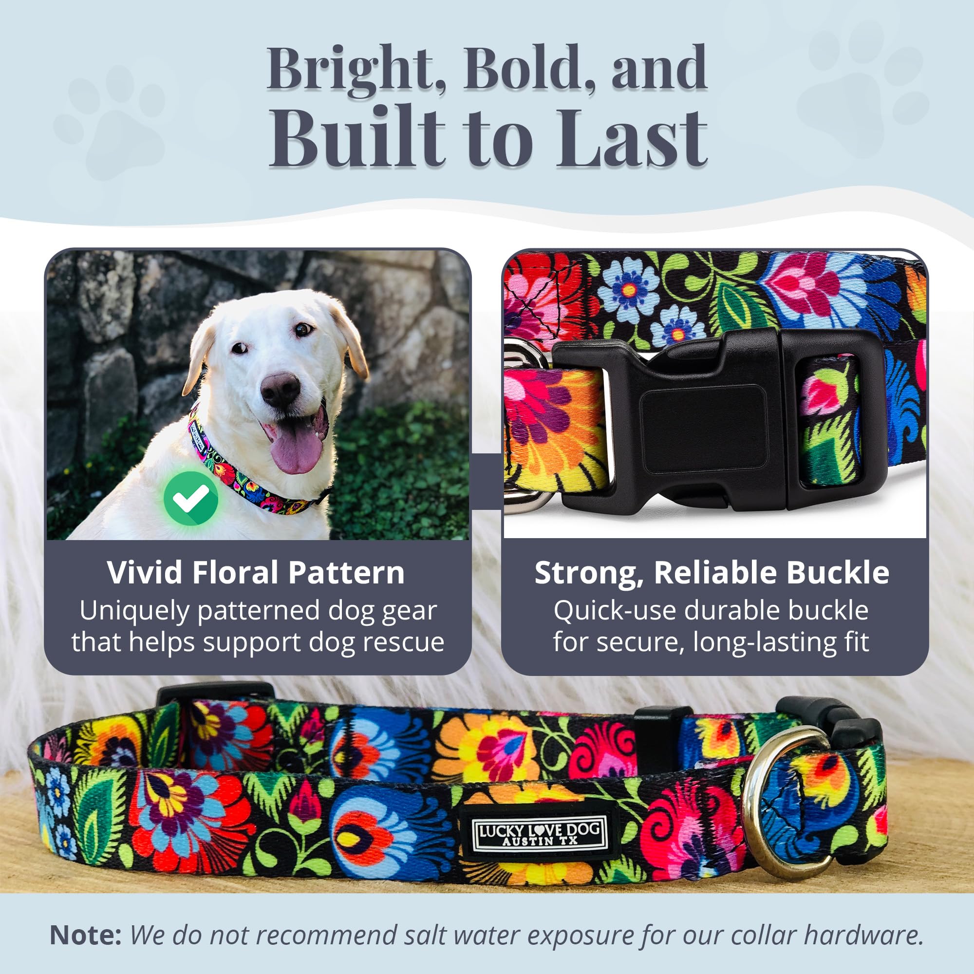 Lucky Love Dog durable collar close-up highlighting sturdy material for active dogs.