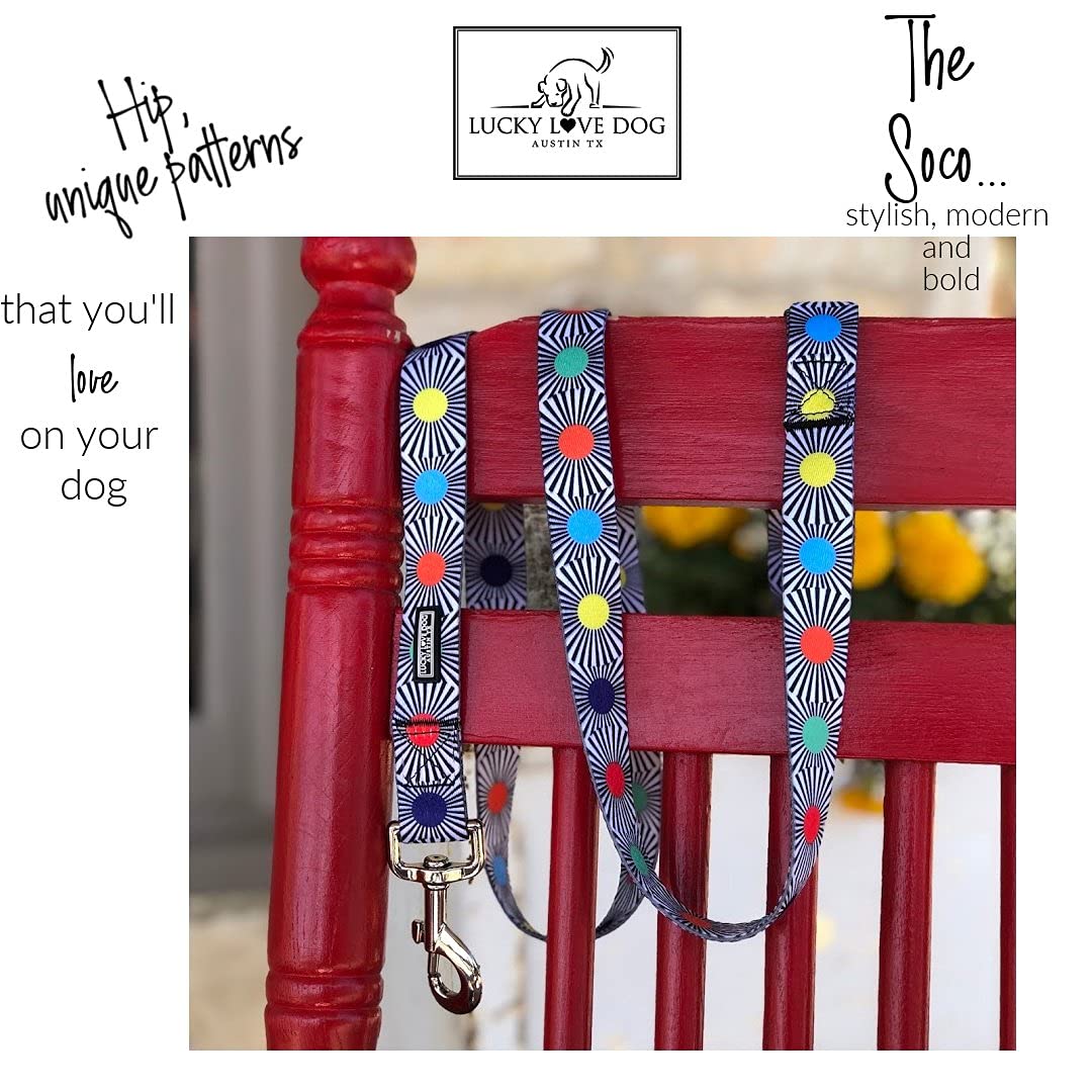 Lucky Love Dog SOCO XS collar side closeup highlights durable stitching for daily walks.