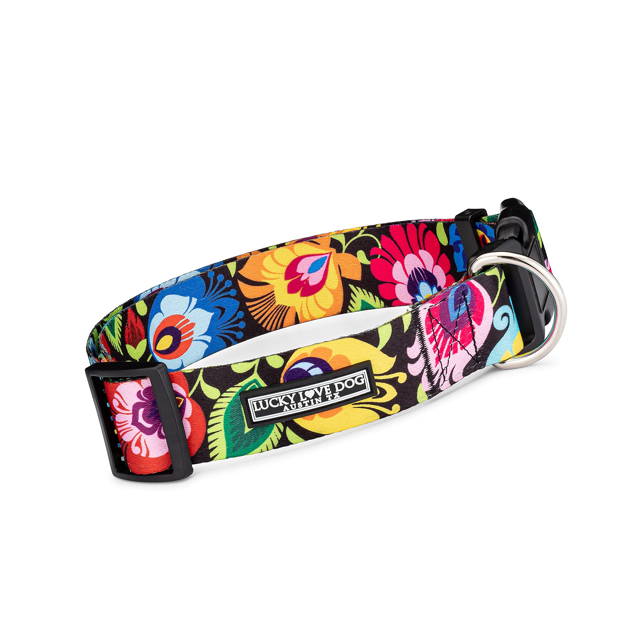 Lucky Love Dog wide collar Blackbird buckle closeup for durable daily wear.