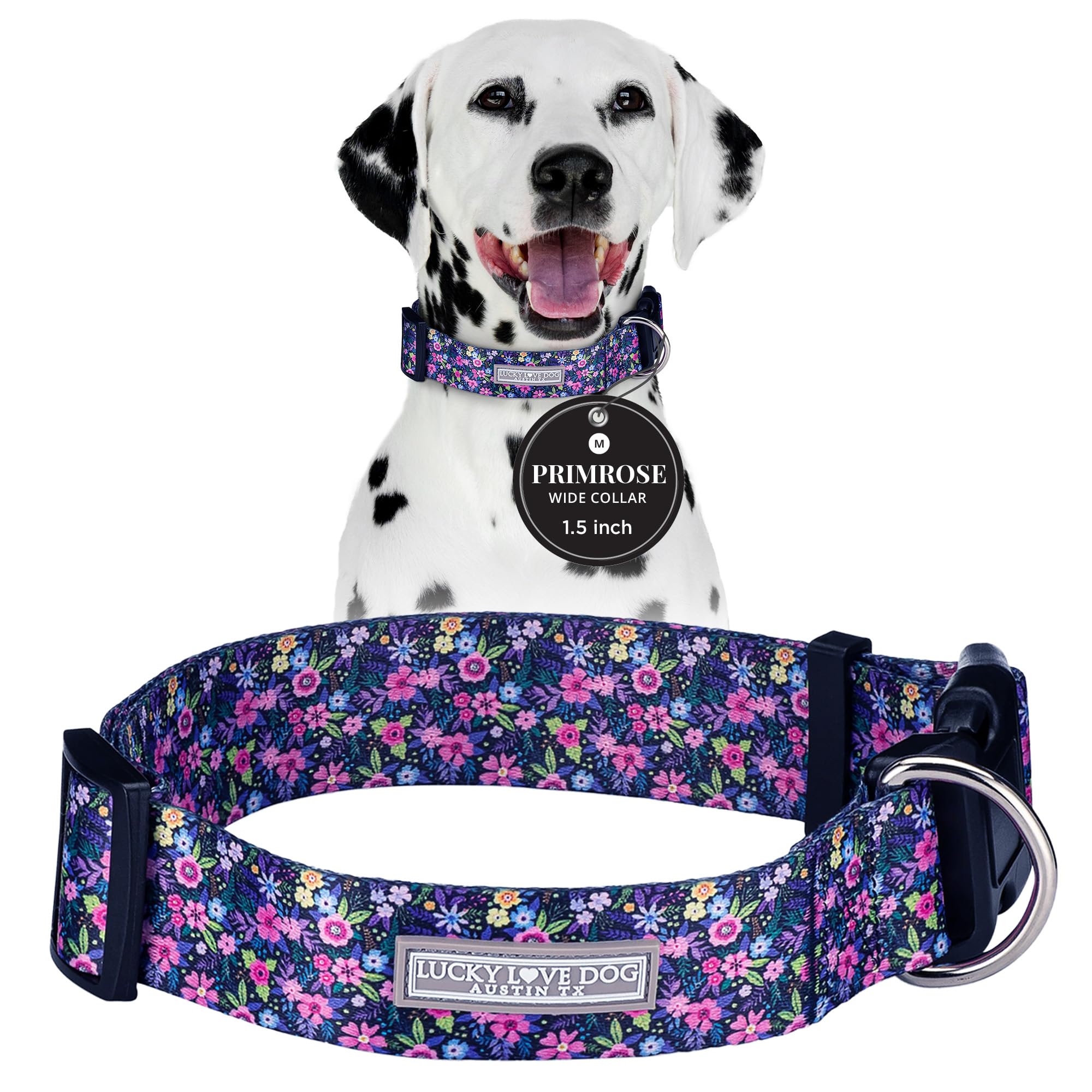 Lucky Love Dog wide collar Primrose front view shows comfortable 1.5-inch width.