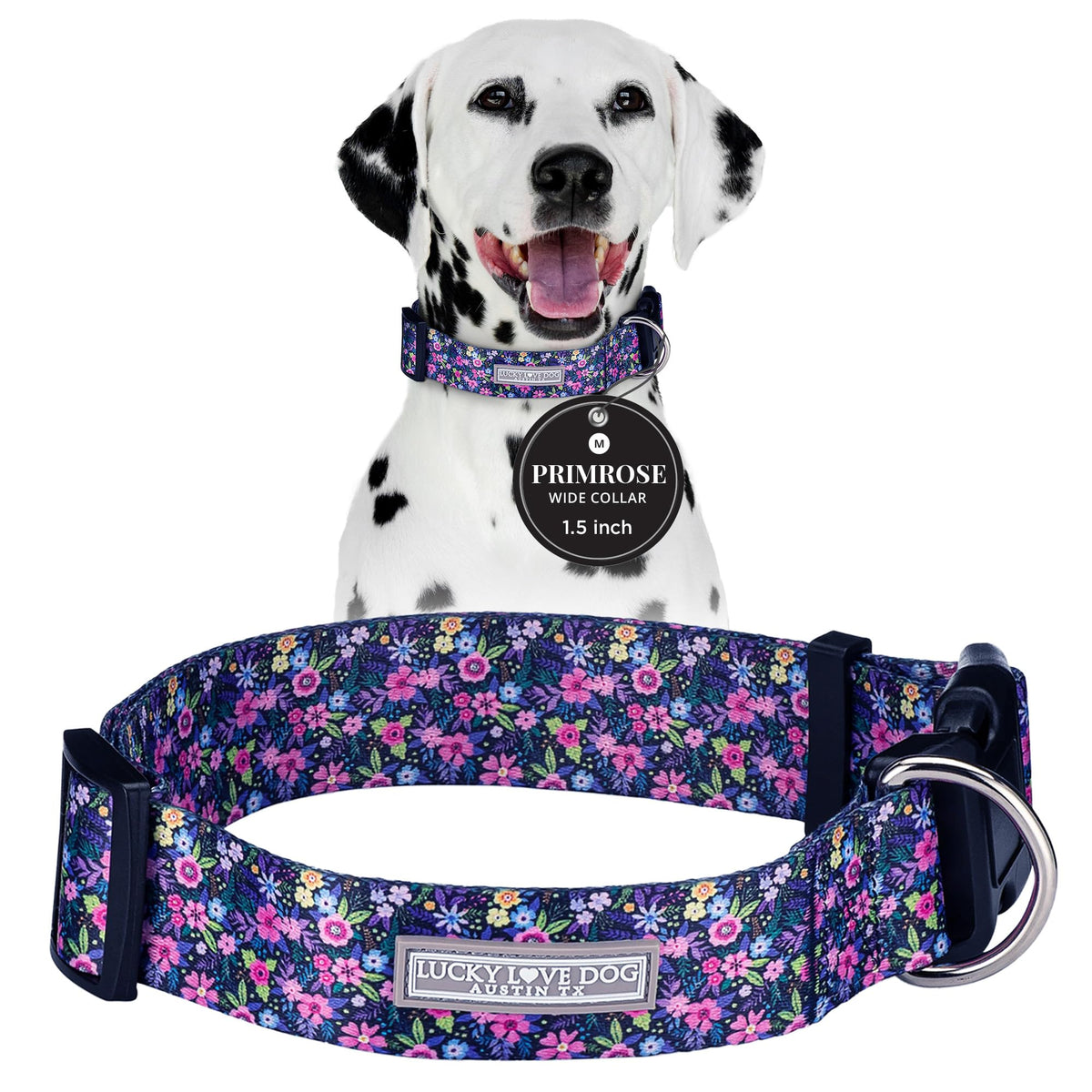 Lucky Love Dog wide collar Primrose front view shows comfortable 1.5-inch width.