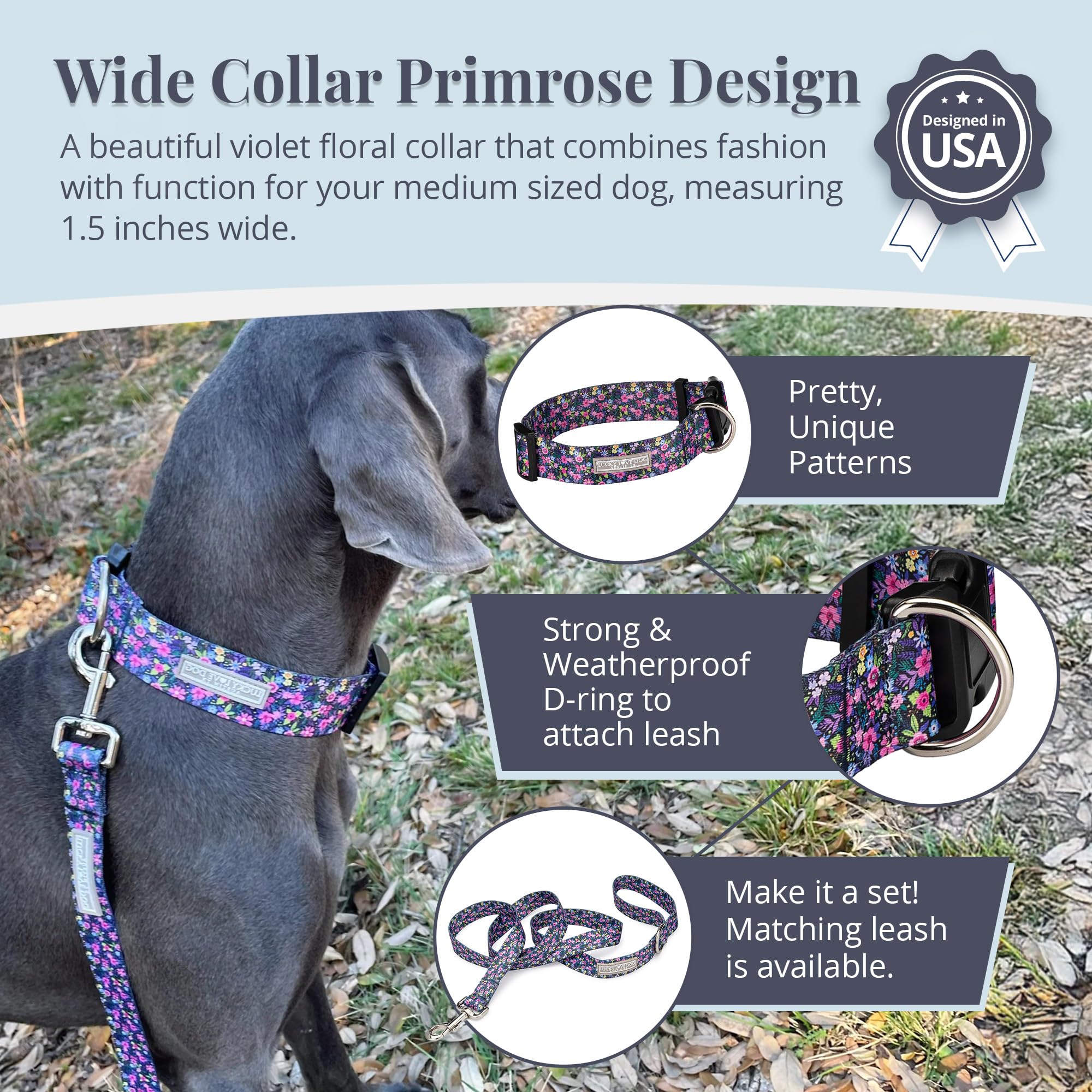 Lucky Love Dog wide collar Primrose side view shows adjustable strap for a secure fit.