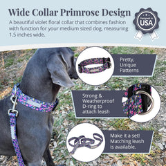 Lucky Love Dog wide collar Primrose side view shows adjustable strap for a secure fit.