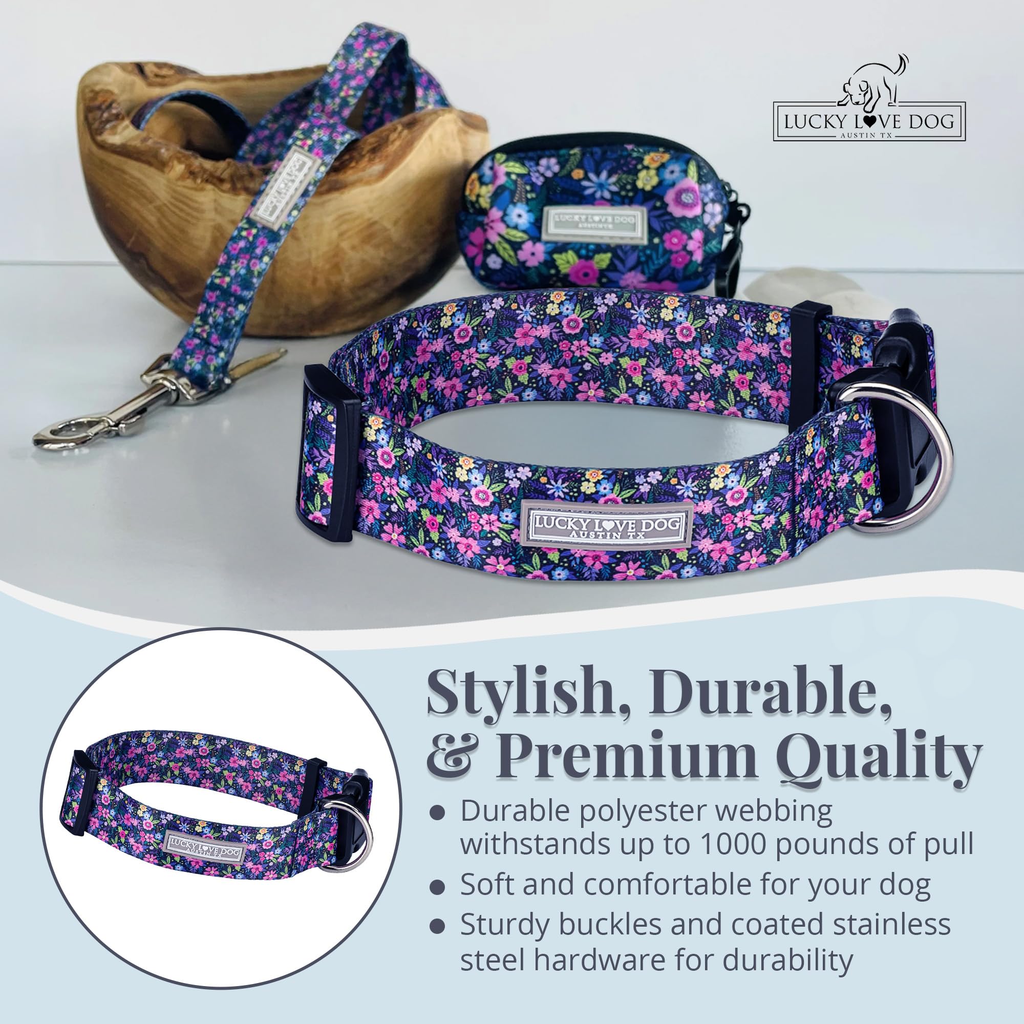 Lucky Love Dog wide collar Primrose worn on dog demonstrates everyday safety during walks.