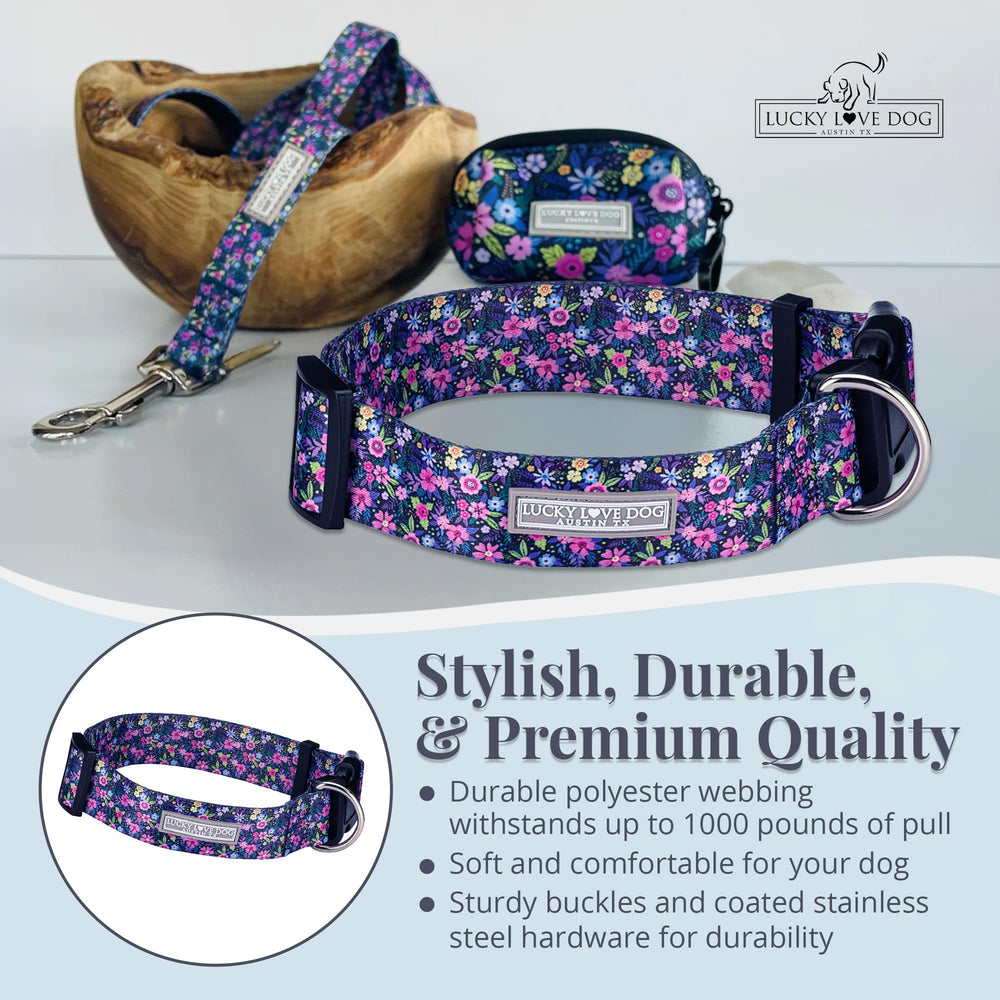 Lucky Love Dog wide collar Primrose worn on dog demonstrates everyday safety during walks.