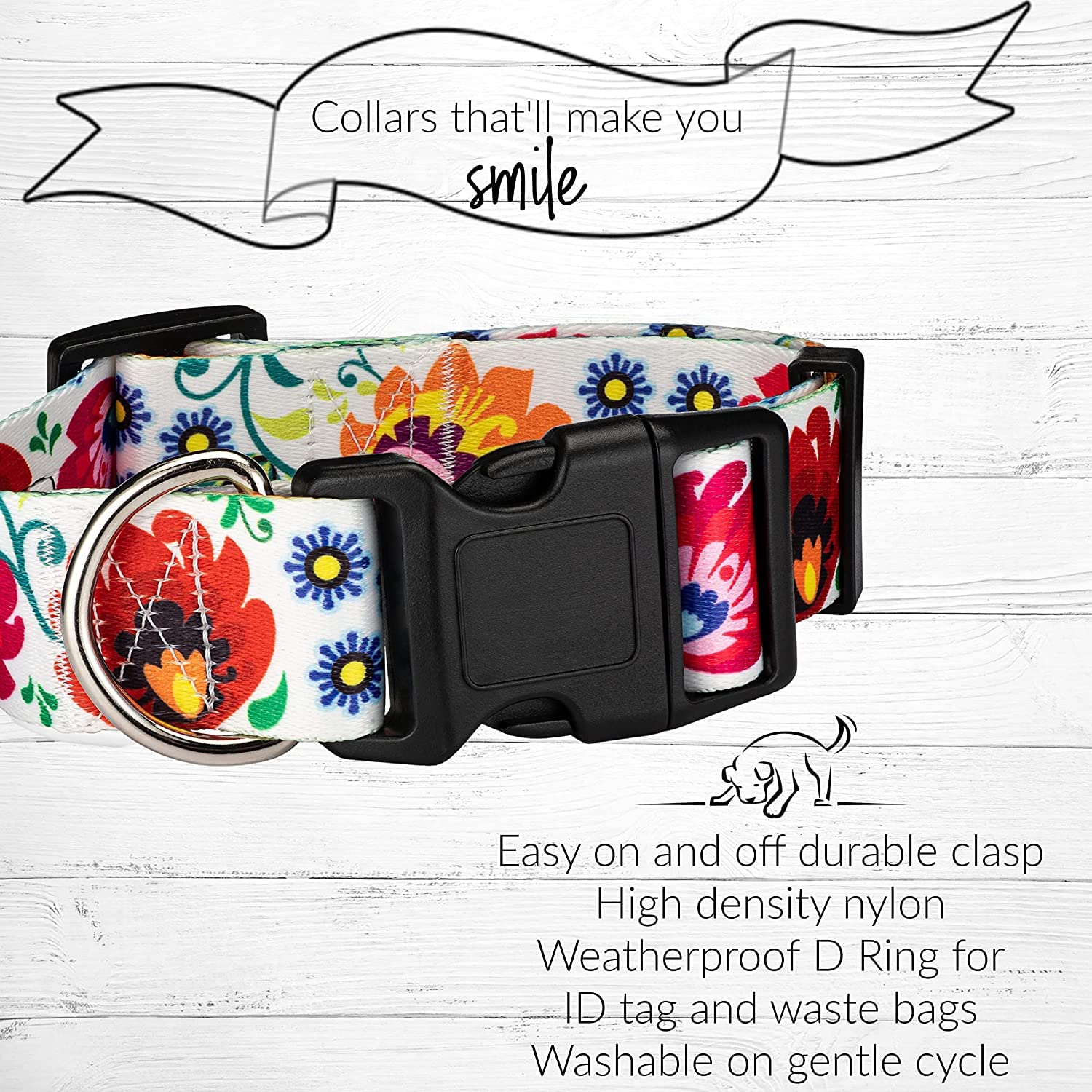 Lucky Love Dog wide collar strong buckle clip promotes secure leash attachment.
