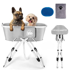 Lucky Muffin premium dog bath tub folded for space-saving indoor storage.
