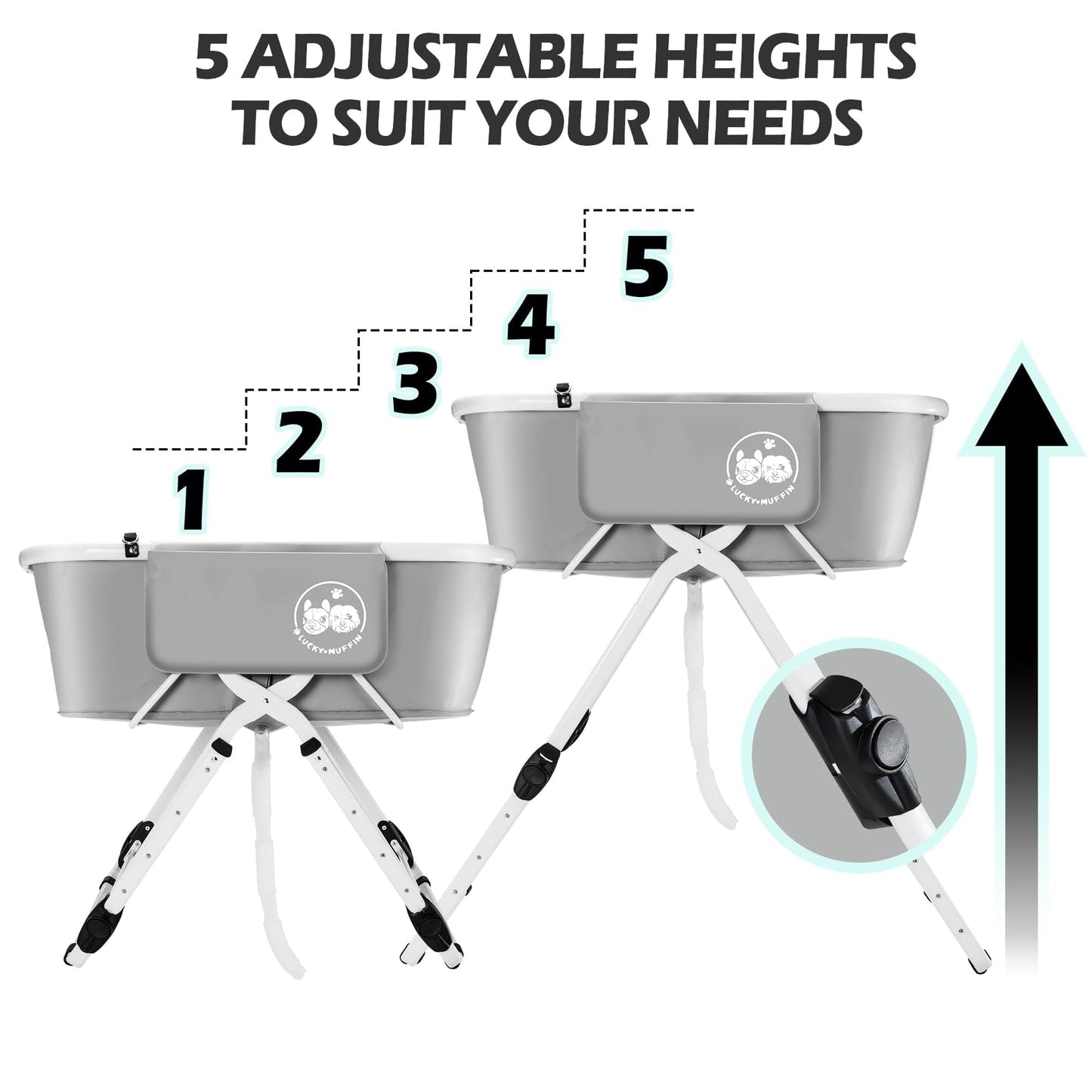 Lucky Muffin premium dog bath tub height settings enable back-friendly grooming.