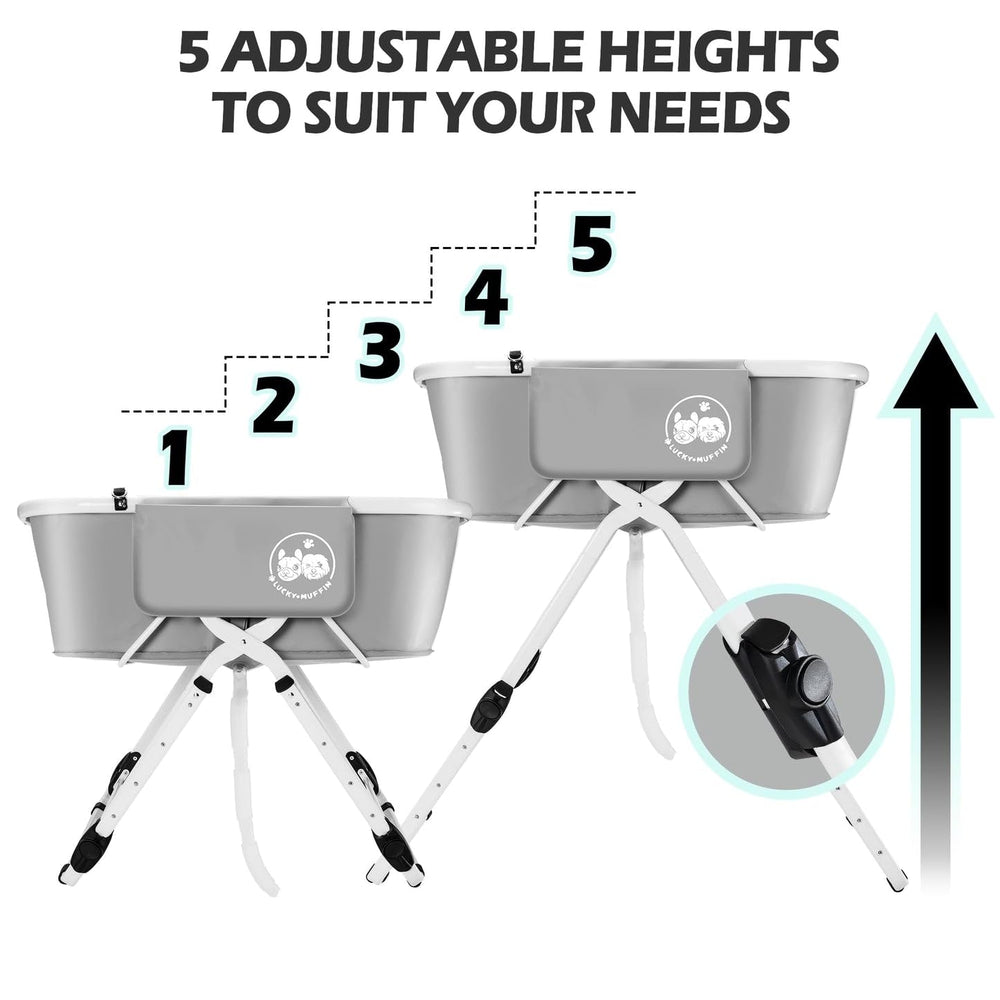 Lucky Muffin premium dog bath tub height settings enable back-friendly grooming.