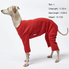 Lucky Petter small dog pajamas side view red—stretchable fit for relaxed movement.