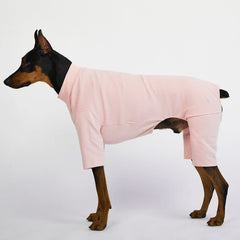 Lucky Petter stretchable dog jumpsuit pink side view for easy wear.