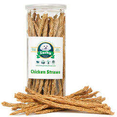 Lucky Premium Treats chicken jerky straws jar closeup—natural crunchy single-ingredient snack for training rewards.