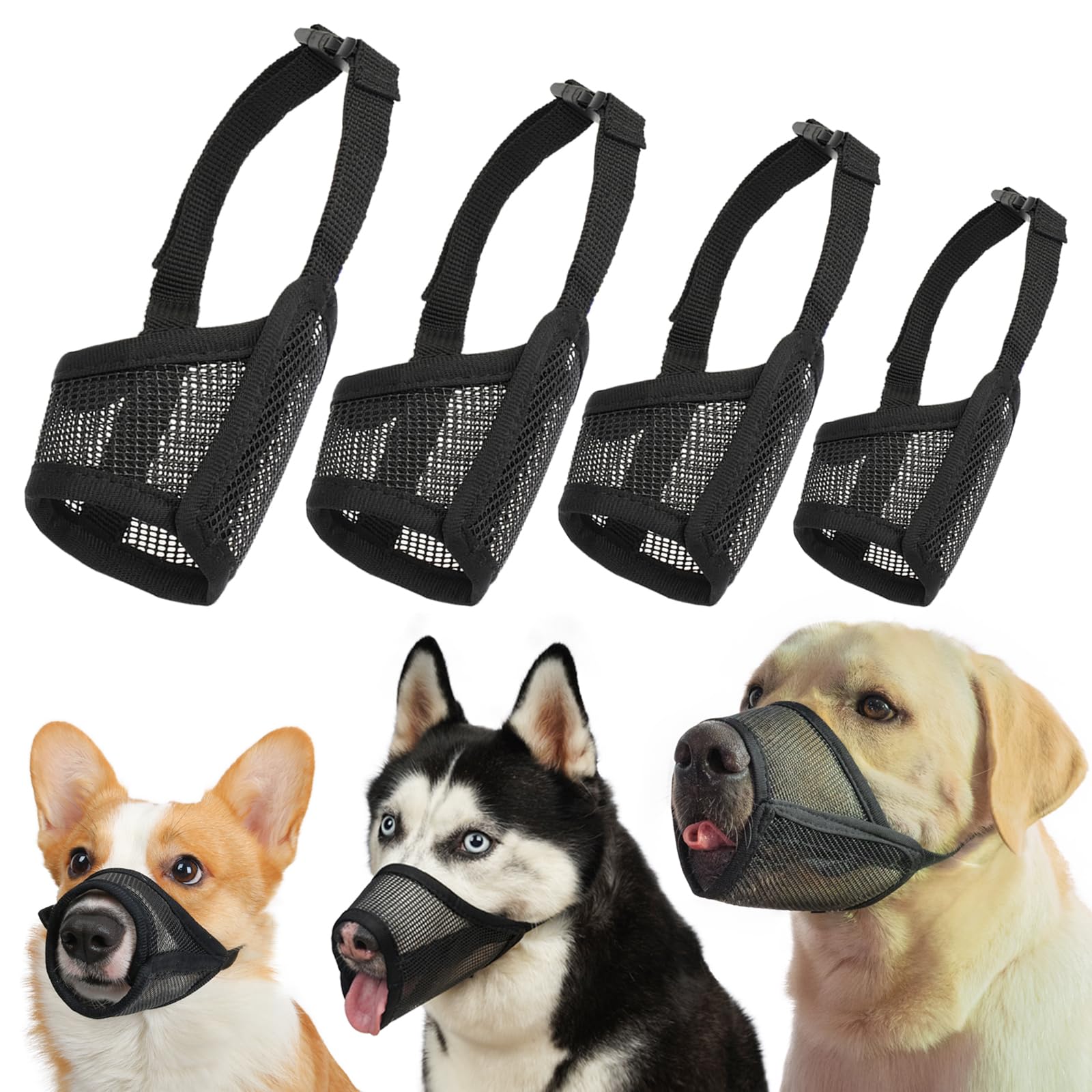 LUCKYPAW four-piece dog muzzle set package shows complete range for quick sizing.