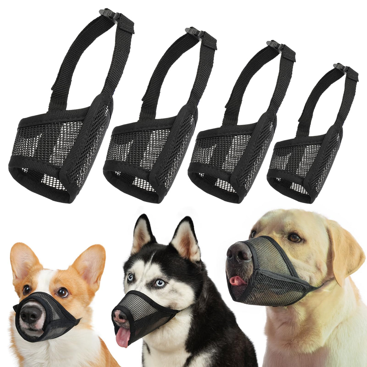 LUCKYPAW four-piece dog muzzle set package shows complete range for quick sizing.