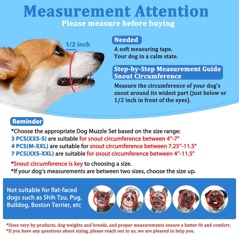LUCKYPAW muzzle-size-range graphic highlights 7-to-11-inch snout fit for most dogs.