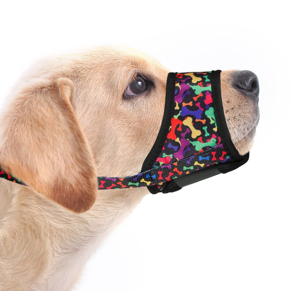 LUCKYPAW dog muzzle close-up shows soft pattern fabric for comfort.