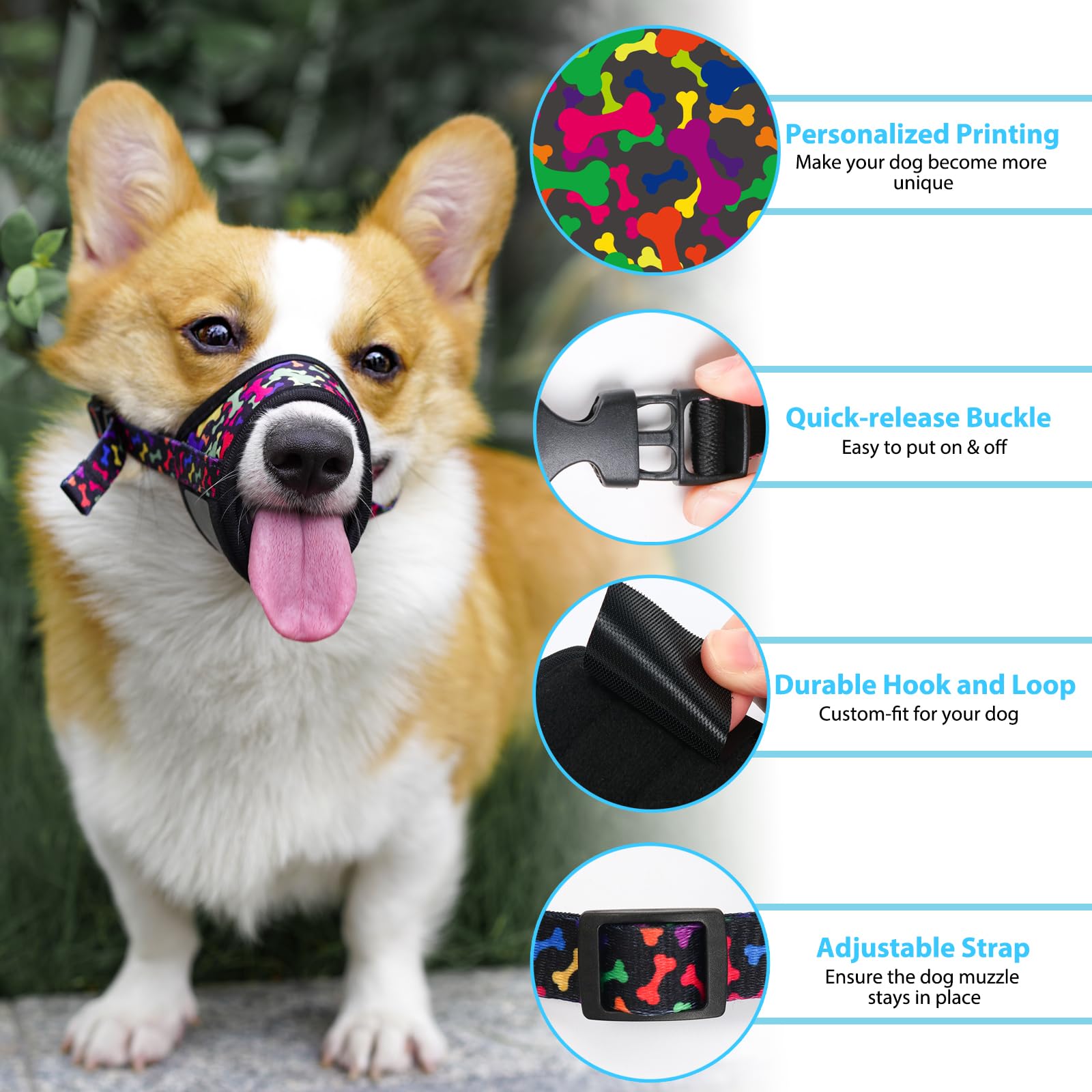 LUCKYPAW muzzle strap and quick-release buckle enable easy on/off.