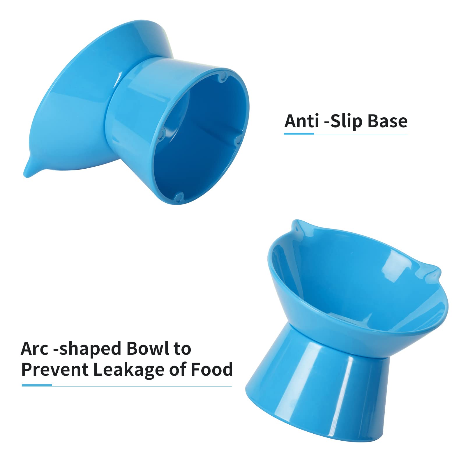 LuckyPots whisker-friendly-design blue bowl reduces whisker contact during meals.