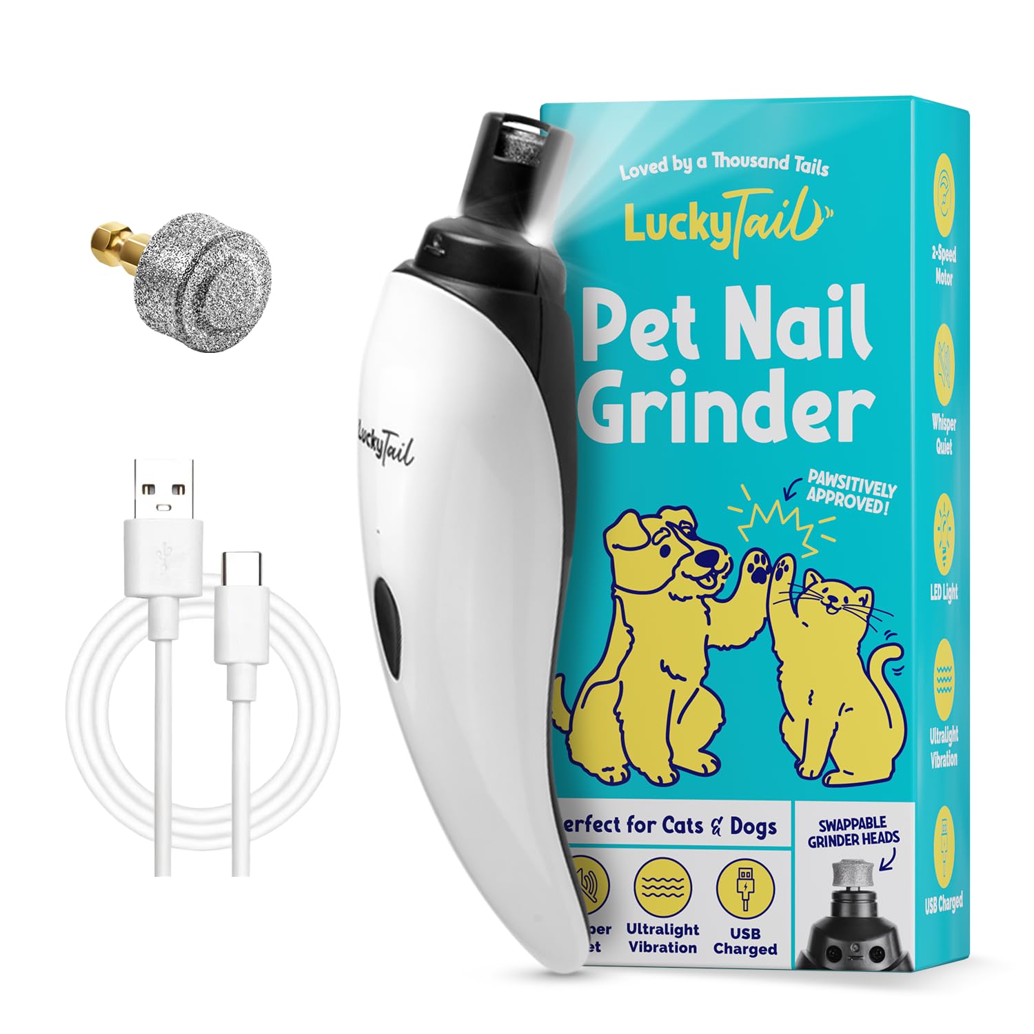 LuckyTail nail grinder front view showing compact, pet-friendly design.