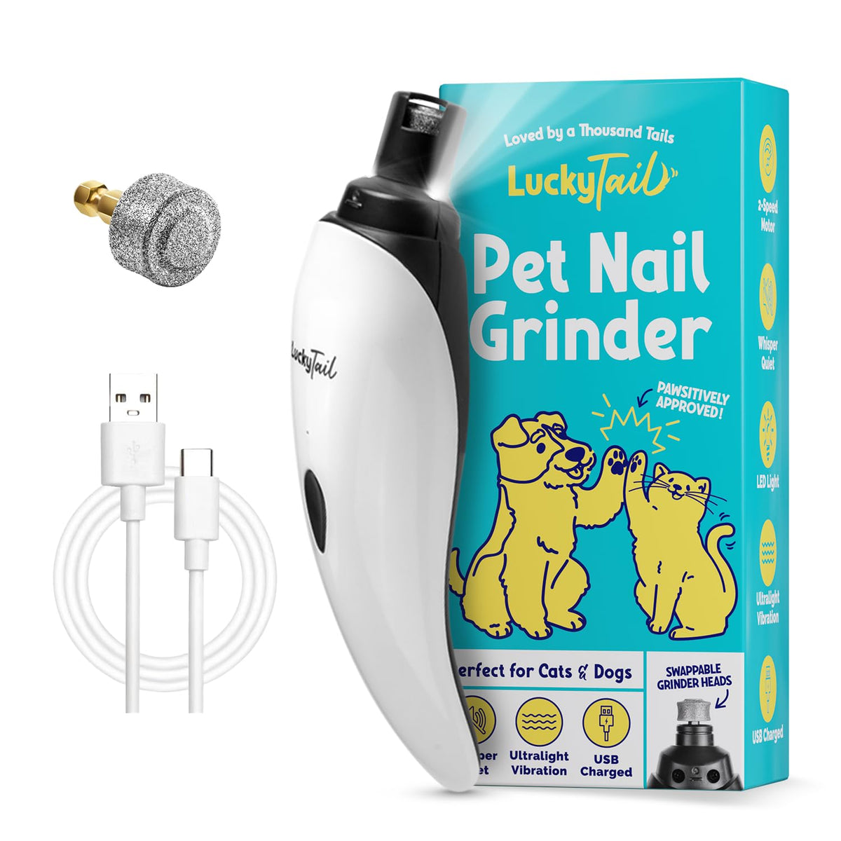 LuckyTail nail grinder front view showing compact, pet-friendly design.