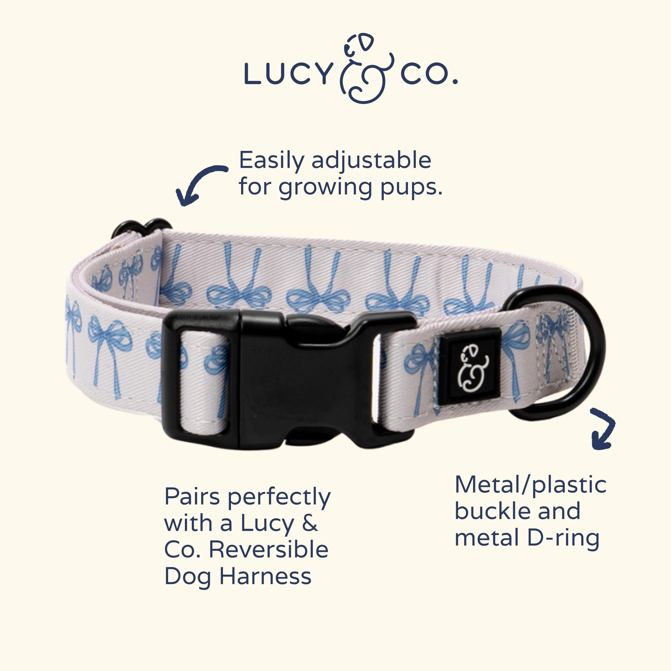 Lucy & Co. dog collar in white with blue bows for stylish daily wear.