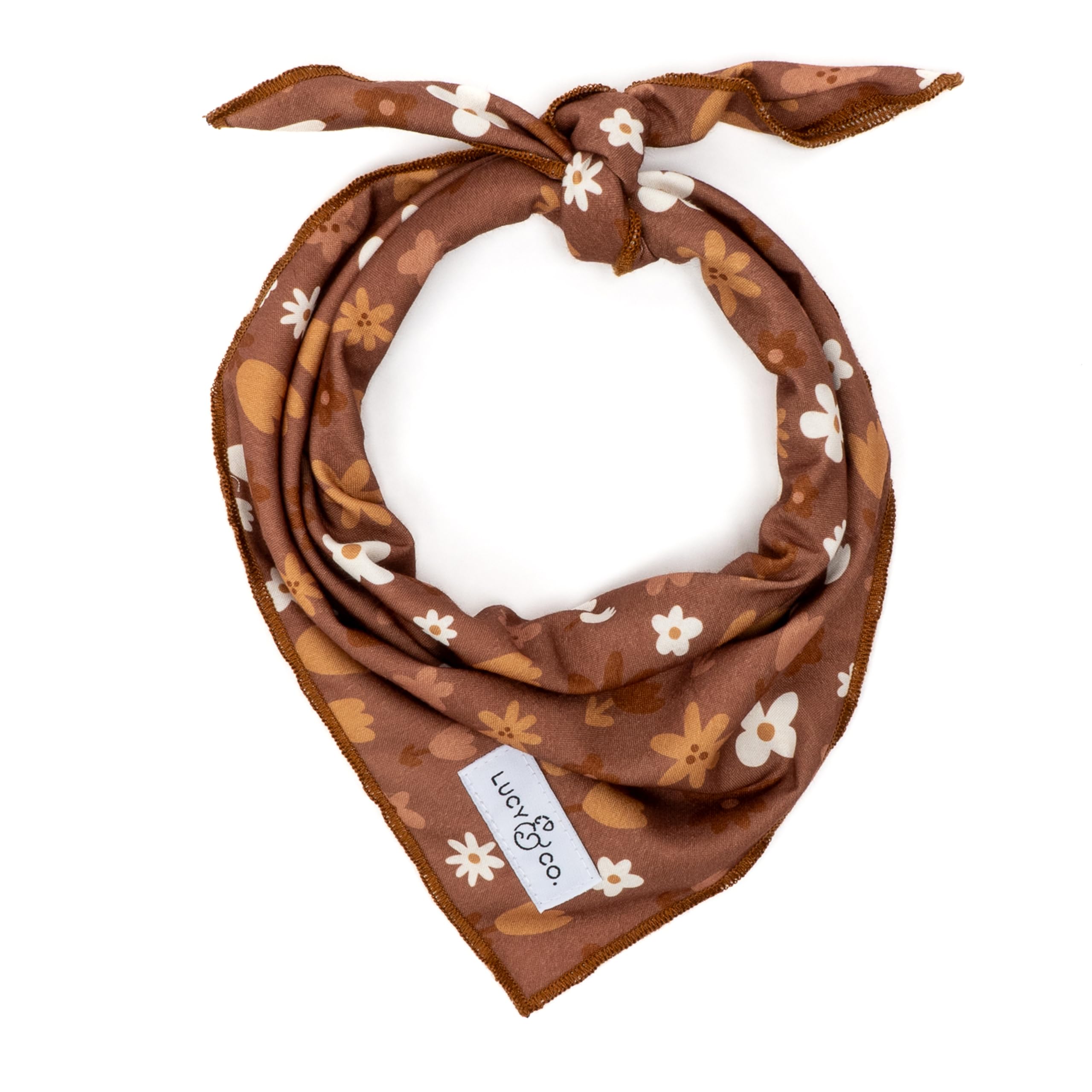 Lucy & Co. Chocolate Meadows bandana on a dog collar for chic daily wear