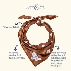 Lucy & Co. Chocolate Meadows bandana close-up highlights soft polyester texture for comfort