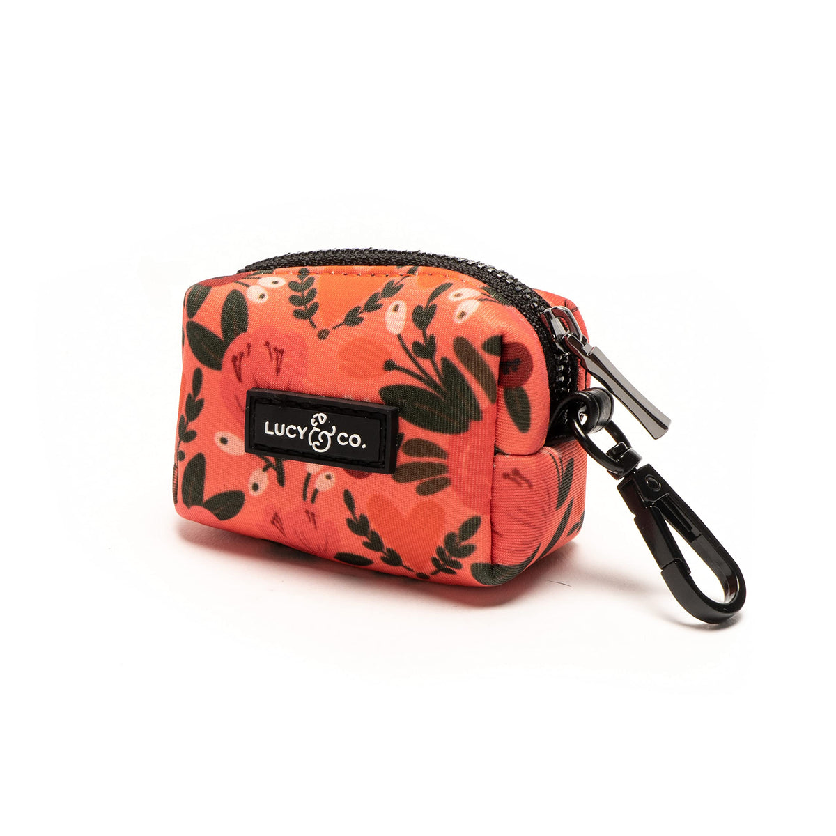 Lucy & Co. Posy Pink dog poop bag holder in coral floral design with leak-proof dispenser.