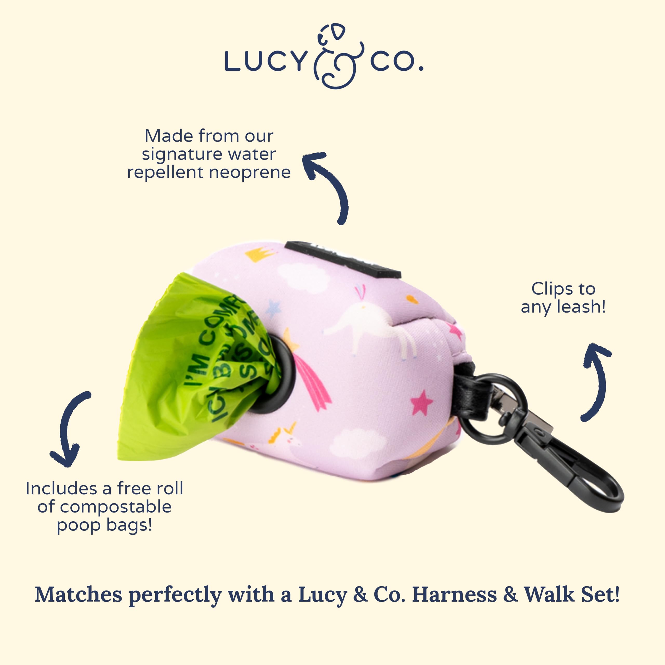 Lucy & Co Unicorn Magic Dog Poop Bag Holder in-use during a park walk for organized essentials.