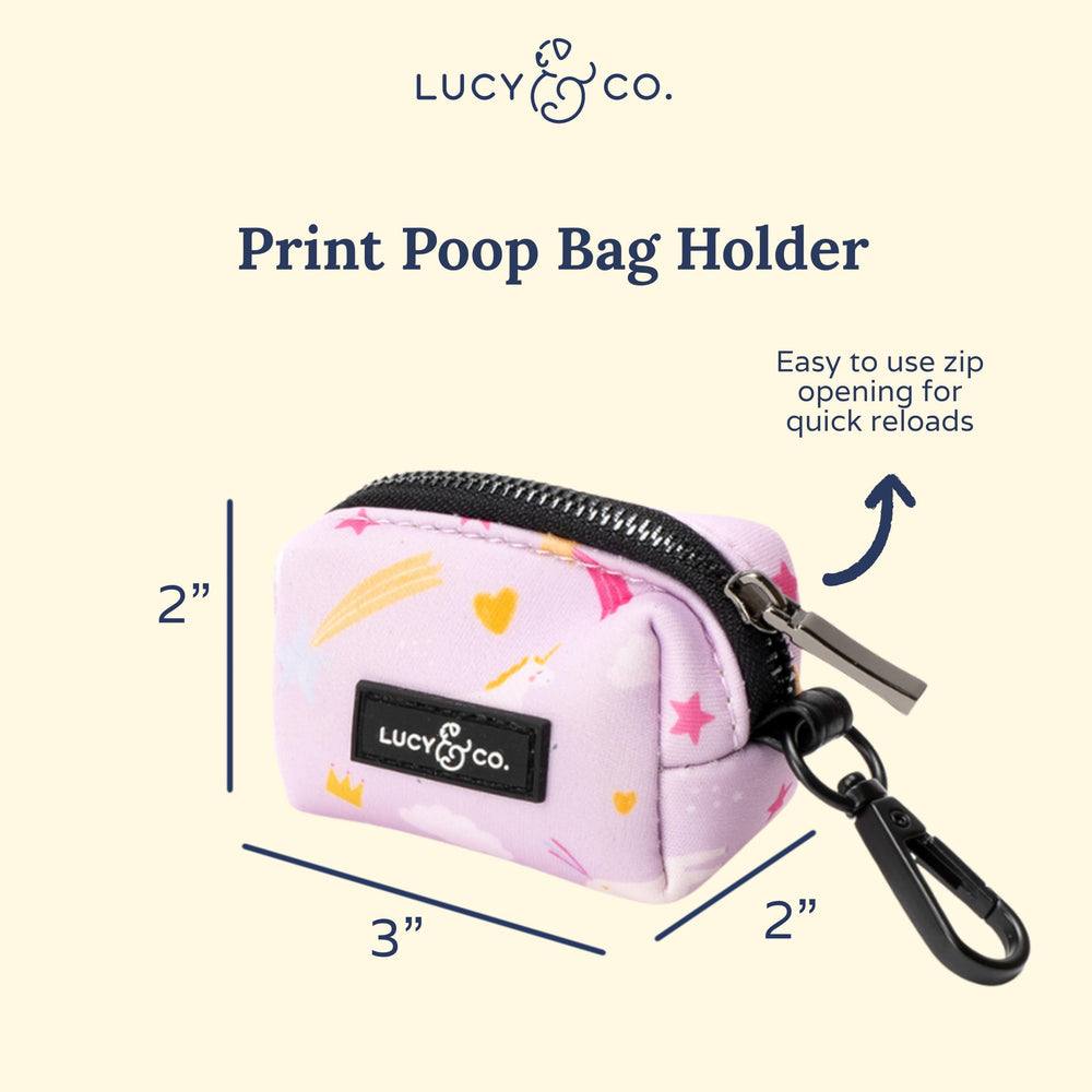 Lucy & Co Unicorn Magic Dog Poop Bag Holder side view showing hands-free crossbody convenience.
