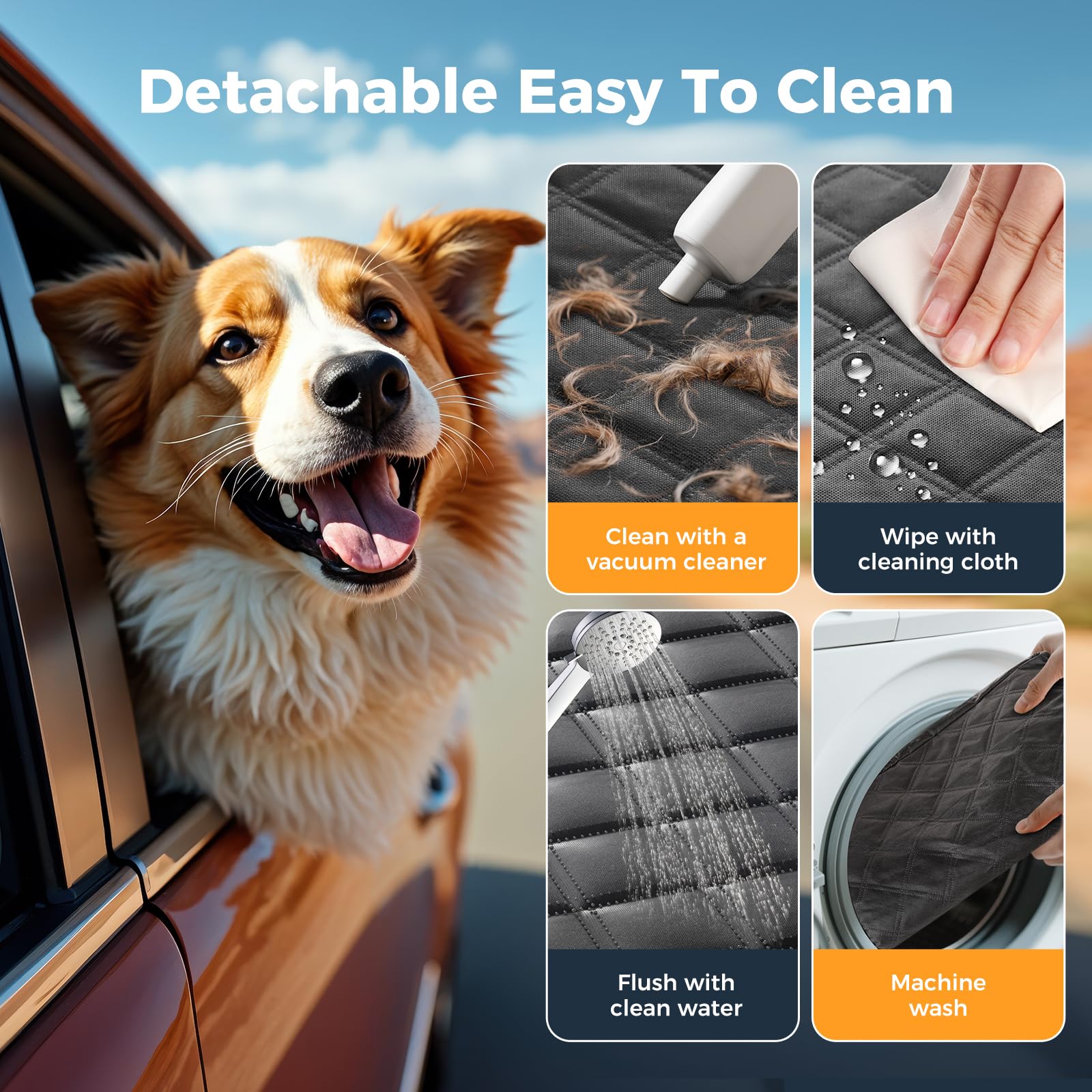 Lufebut easy-clean dog seat cover emphasizes cleaning with damp cloth.