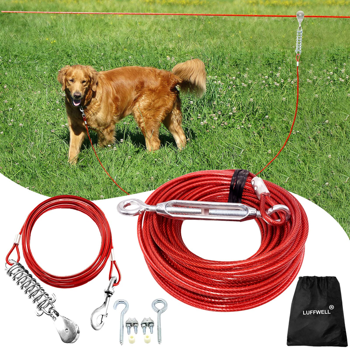 LUFFWELL 100ft dog runner main cable in yard shows safe large-dog roaming capability