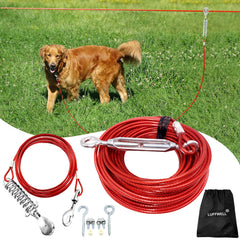 LUFFWELL 100ft dog runner main cable in yard shows safe large-dog roaming capability