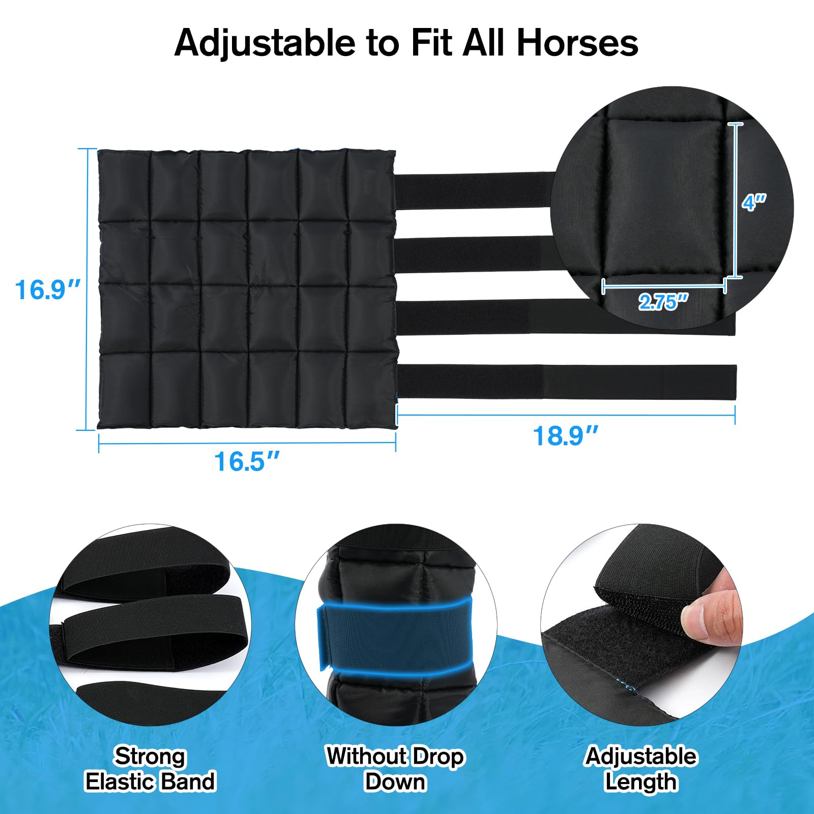 LUFFWELL horse leg wraps on horse demonstrate full coverage and safe positioning