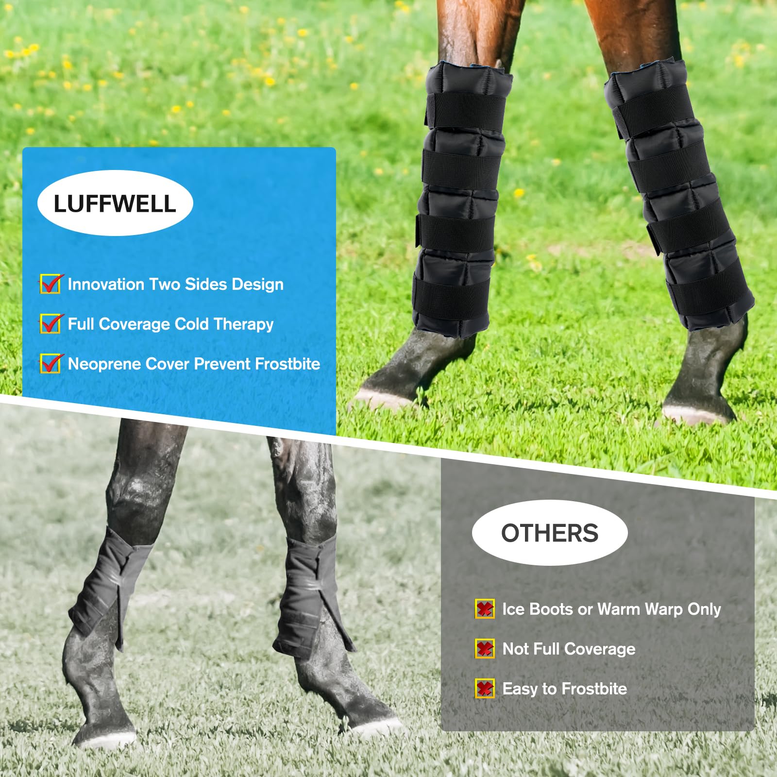 LUFFWELL ice leg wraps cooling side demonstrates cold therapy to reduce swelling after workouts