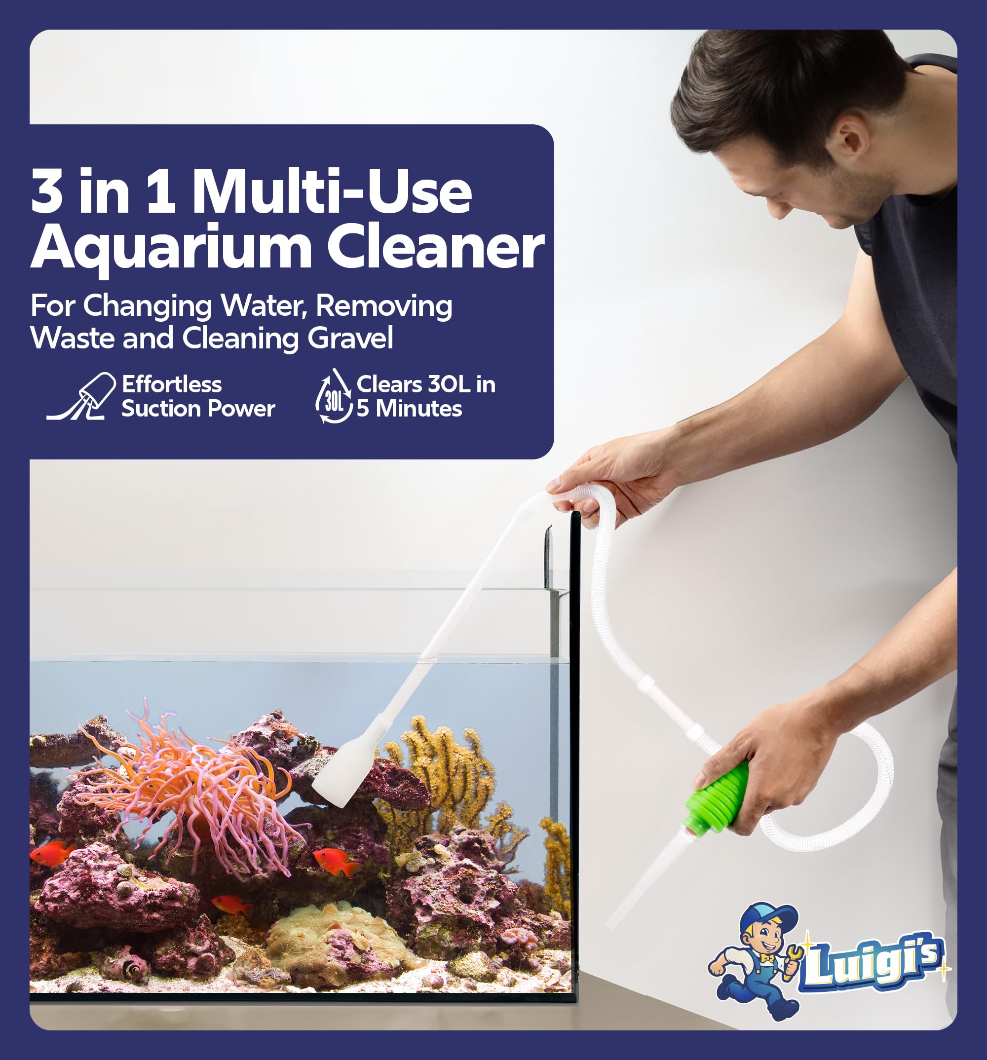Gravel suction attachment on Luigi's cleaner removes substrate debris