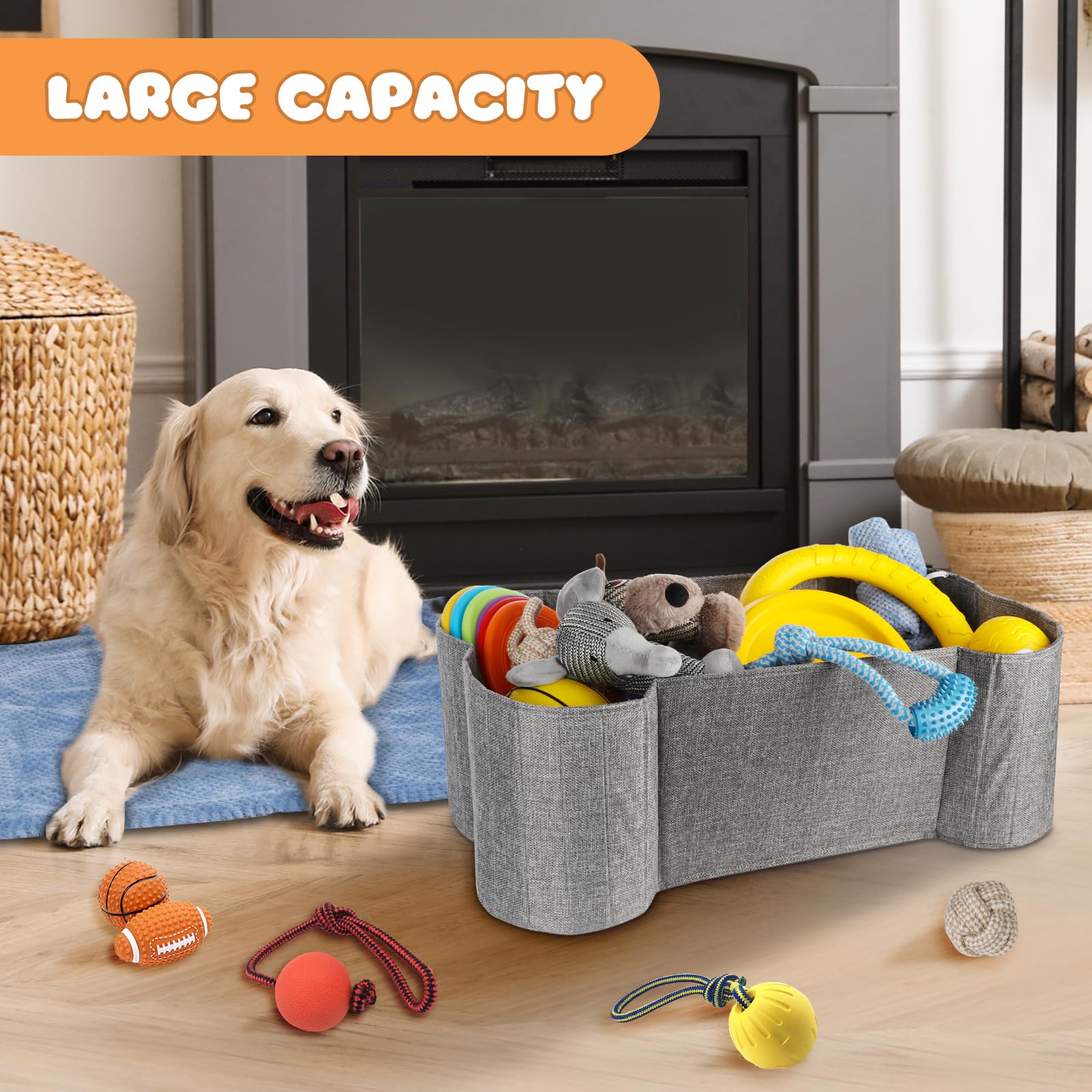 Lukeline multi-purpose pet storage basket holds toys, towels, and leashes