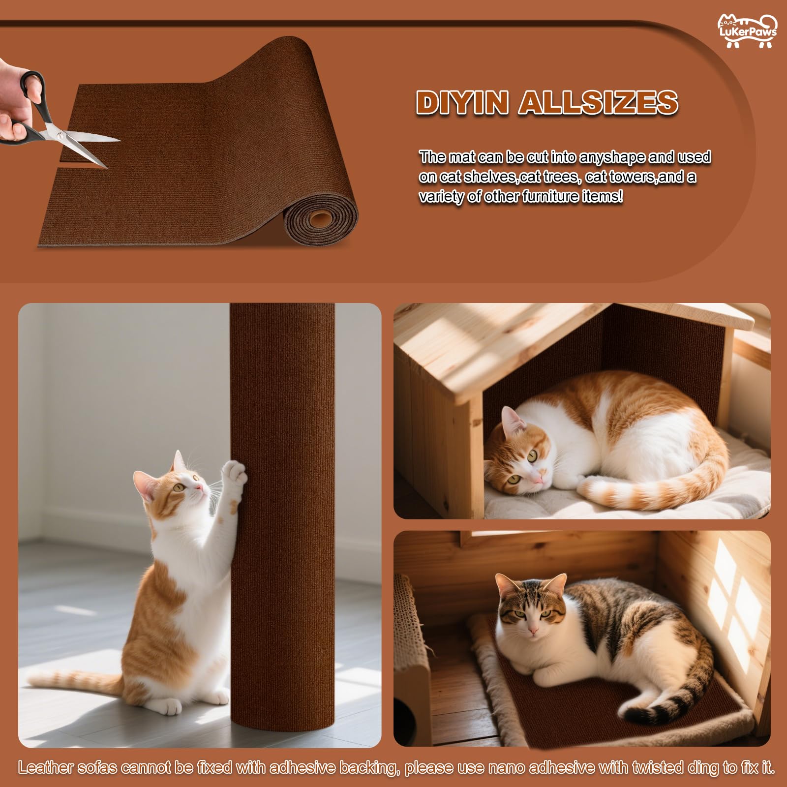 LukerPaws Cat Scratch Mat Khaki — adhesive backing demonstrates easy, residue-free installation
