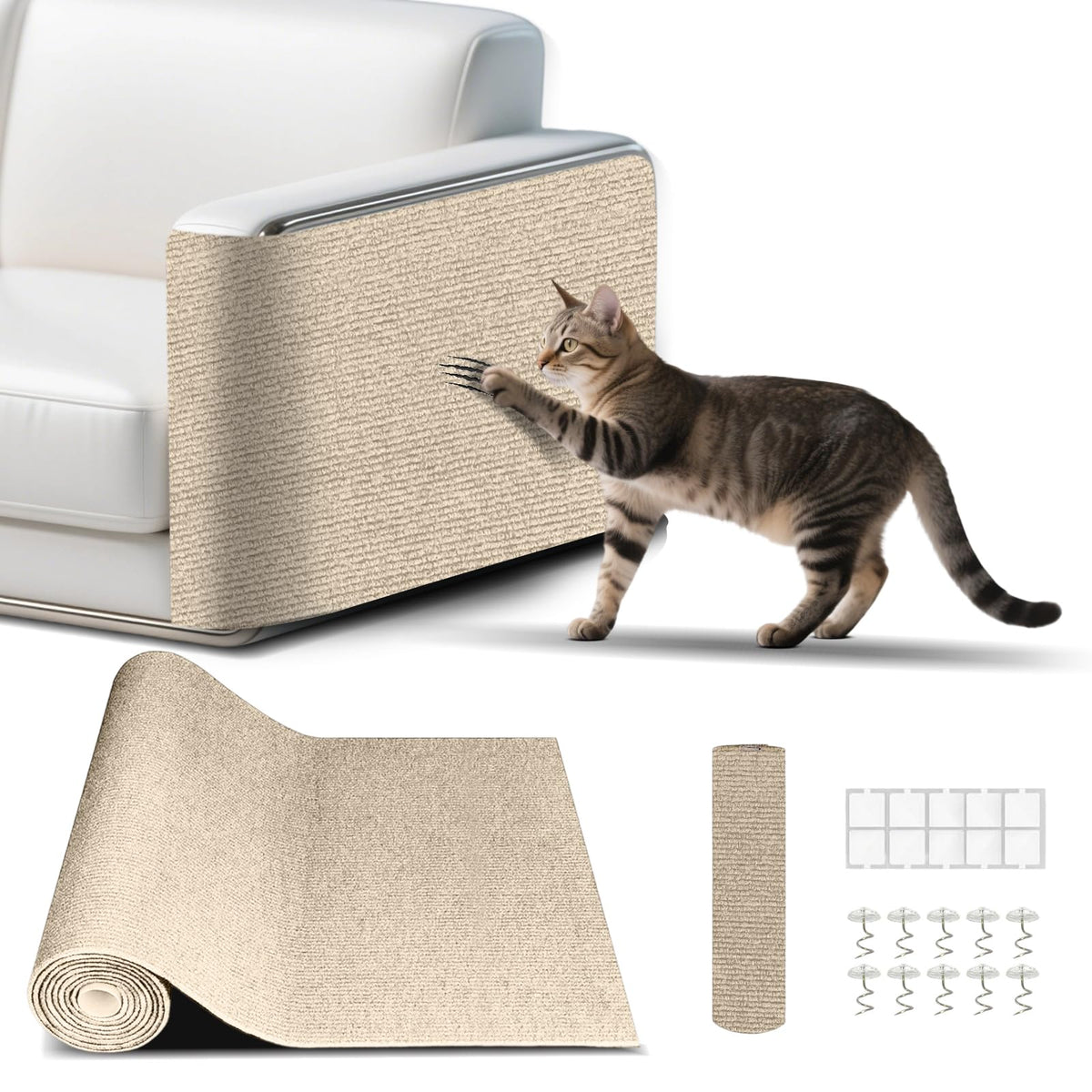 LukerPaws Cat Scratch Mat Khaki — overall view showing long protective surface for furniture