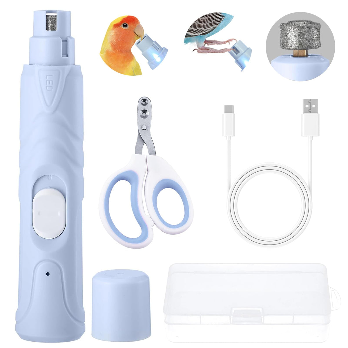 LUKHMELF Bird Nail Grinder with LED lamp on nails for precise trimming
