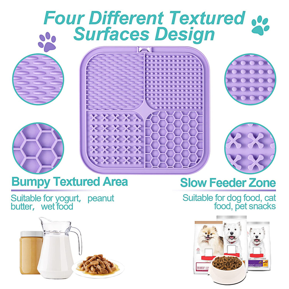 LUKITO lick mat slow-feeder extends playtime with peanut butter or yogurt.