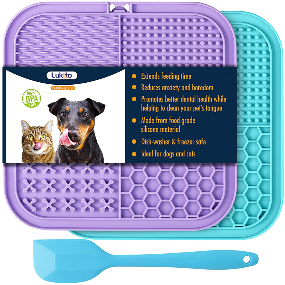 LUKITO lick mat dual-pack on fridge with 77 suction cups for secure bath-time distraction.