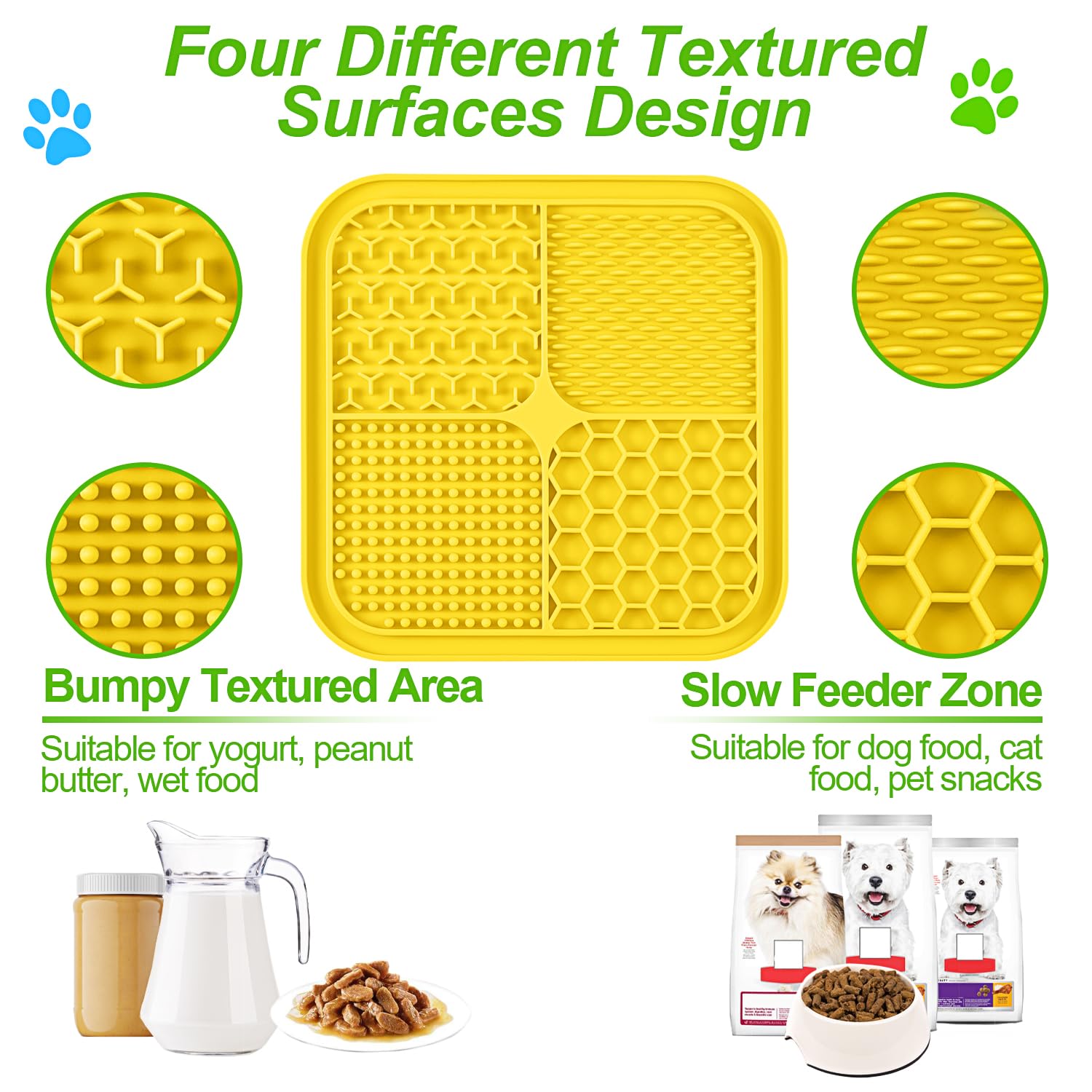 LUKITO lick mat showing four textured surfaces for varied treat experiences for dogs and cats